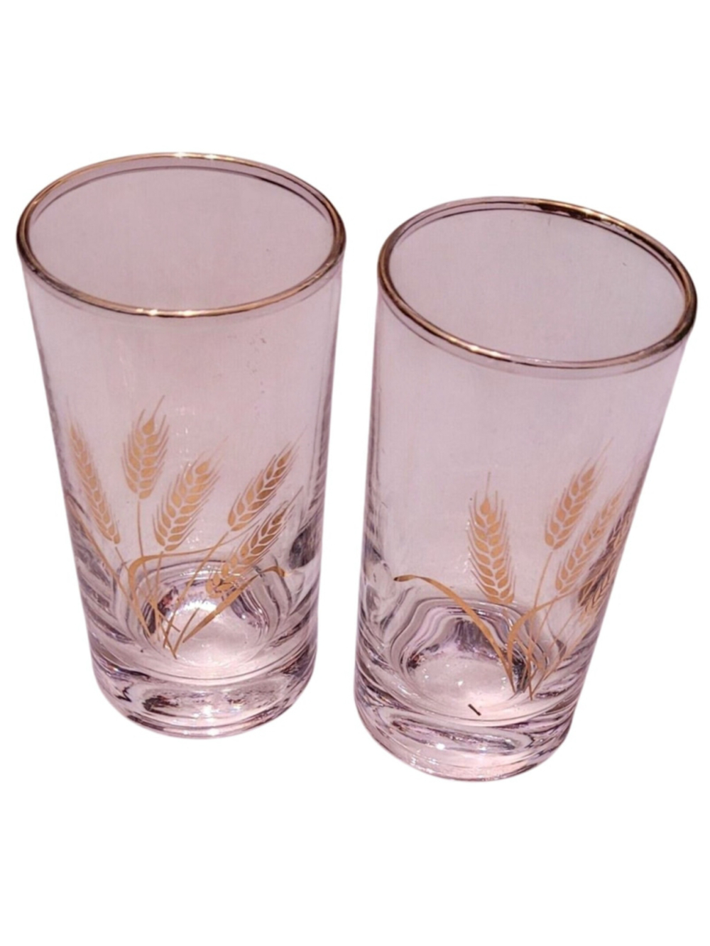 Pair Homer Laughlin Wheat Juice Glasses 4 Oz Gold trim & Wheat Clear Glass 4" H - Picture 2 of 5